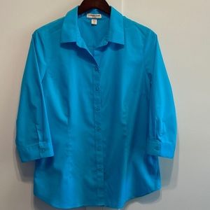 Coldwater Creek L/14 teal No-iron 3/4 sleeve button front shirt